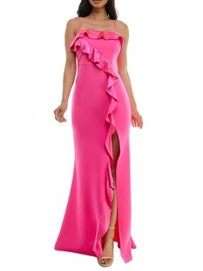 Emerald Sundae Hot Pink Ruffle-Front Spaghetti Strap Maxi Dress